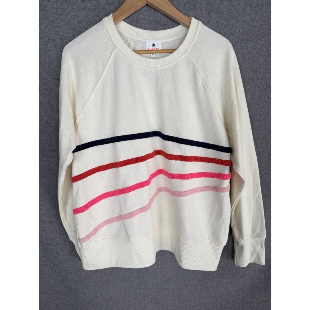Sundry Oversized Cream Textured Striped Crewneck Sweatshirt Size (4) XL